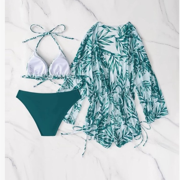 3 Piece Swimsuit Bikini Set Halter Triangle Bathing Suit w Cover Up Swimwear - Picture 2 of 6